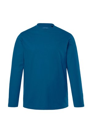 Langärmliges, türkisfarbenes Shirt mit rundem Ausschnitt, aus einem glatten Stoff gefertigt. Das Design ist minimalistisch, ohne sichtbare Muster oder Akzente.