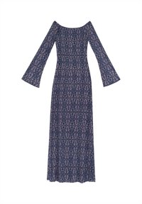 Maxikleid mit floralem Muster in Marineblau, mit schulterfreiem Ausschnitt und Glockenärmeln, aus weichem, fließendem Stoff.