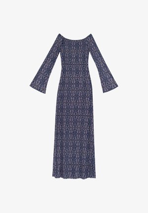 Maxikleid mit floralem Muster in Marineblau, mit schulterfreiem Ausschnitt und Glockenärmeln, aus weichem, fließendem Stoff.