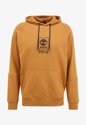 Musztardowożółta bluza Timberland z kapturem, z przednią kieszenią, czarnymi sznurkami oraz czarnym logo i napisami na środku klatki piersiowej