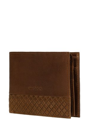 Braune Lederbörse mit einem glatten oberen Bereich und einem strukturierten unteren Bereich mit einem Rautenmuster. Das Innere bietet mehrere Kartenfächer.