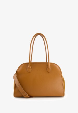 Brown leather handbag with two rounded handles, adjustable shoulder strap, and a textured surface. Features subtle branding on the front.
