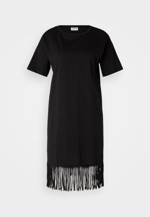 Svart t-skjortekjole med korte ermer og rett snitt, med frynsekant for ekstra tekstur og designdetalj.