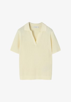 Gele korte mouwen gebreide poloshirt met een diepe V-hals en geribbelde textuur. Heeft een rechte zoom en een zachte, lichte stof.