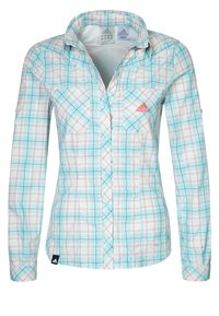 Himmelblau und weiß kariertes Langarmhemd mit Knopfleiste, zwei Brusttaschen und rotem Adidas-Logo auf der linken Tasche.