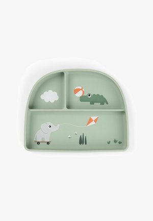 Grøn falmet opdelt tallerken med afrundet top. Indeholder tegneseriefigurer: en elefant på et skateboard, en krokodille og en strandbold.
