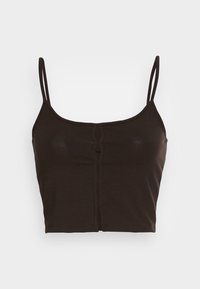 Top cropped preto com alças finas em espaguete, apresentando um tecido macio e elástico e um detalhe em torção decorativo no centro da frente.