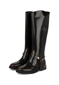 Stivali neri al ginocchio con finitura lucida, caratterizzati da una fascia marrone con dettaglio dorato e suola piatta per il comfort.