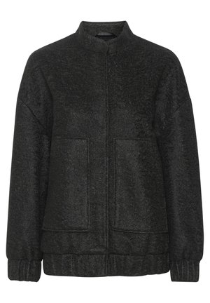 Black fleece jacket with a high collar, two front pockets, ribbed cuffs and hem, and a textured finish. Casual design with minimal seams.