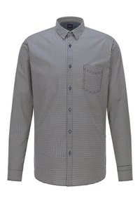 Koszula na długi rękaw z guzikami w czarno-biały wzór w kratę, z kołnierzykiem, przednią kieszenią i niebieskimi guzikami. Gładka faktura tkaniny.