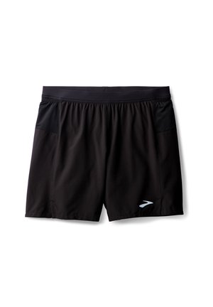 Black athletic shorts made from lightweight fabric, featuring an elastic waistband and two side pockets with mesh accents. Small logo on front.