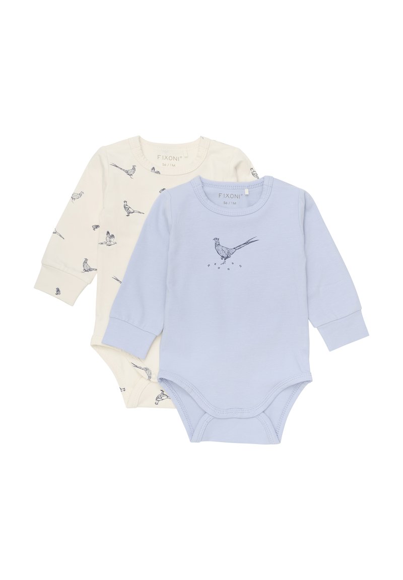 Två långärmade bodysuits: en i krämfärg med fågelmönster, en ljusblå med en fågelgrafik. Båda är gjorda av mjukt stickad tyg med tryckknappar.