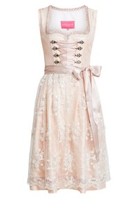 Robe traditionnelle dirndl avec un corsage ajusté orné de détails à lacets, une ceinture en ruban de satin rose et une jupe en tulle brodée de motifs floraux.