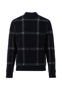 Dunkelblauer Pullover mit strukturierter Oberfläche, der ein kariertes Muster in Grau aufweist. Hoher Kragen und gerippte Bündchen für einen figurbetonten Look.