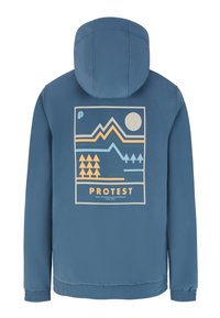 Blaue Kapuzenjacke mit elastischen Bündchen, die ein geometrisches Design auf dem Rücken zeigt und Berge, Bäume und die Sonne in verschiedenen Farben hervorhebt.