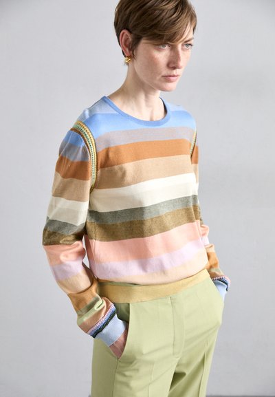 Multicolored sweater with horizontal stripes in blue, brown, cream, green, and pink. Features ribbed cuffs with contrasting colors and relaxed fit.