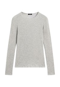 Gray long-sleeve shirt featuring a ribbed texture and round neckline. Simple design with even stitching; no visible patterns or accents.