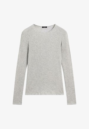 Szary długi rękaw koszuli z teksturą ryflowaną i okrągłym dekoltem. Prosty design z równo wykonanymi szwami; brak widocznych wzorów lub akcentów.