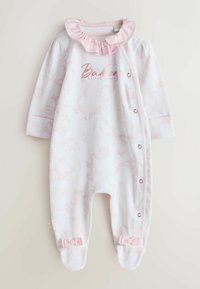 Bílé body s růžovým volánkovým límcem, zdobené jemným vzorem zajíčků a květin. Zapínání na knoflíky a ozdobené malými mašličkami.