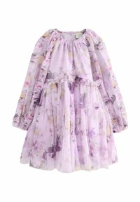 Lilanes Blumenkleid aus leichtem Stoff. Mit Rüschensleeves, einer gerafften Taille und einem geschichteten Rock mit einem fließenden Design.