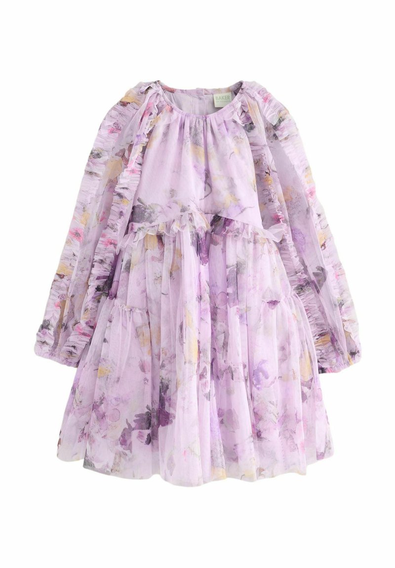 Lilanes Blumenkleid aus leichtem Stoff. Mit Rüschensleeves, einer gerafften Taille und einem geschichteten Rock mit einem fließenden Design.