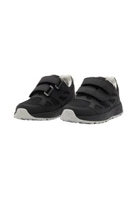 Black athletic shoes with mesh upper, two Velcro straps, and rubber soles. Textured sides and grey outsole for traction and support.