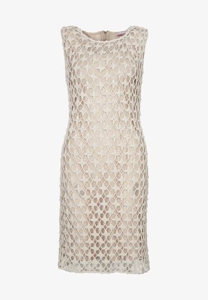 Mekko ilman hihoja, jossa on ristikko design, ihoon sopiva aluskangas, teksturoitu vaalea pitsi päälliskerros ja suora siluetti, jossa on piilotettu takavetoketju.