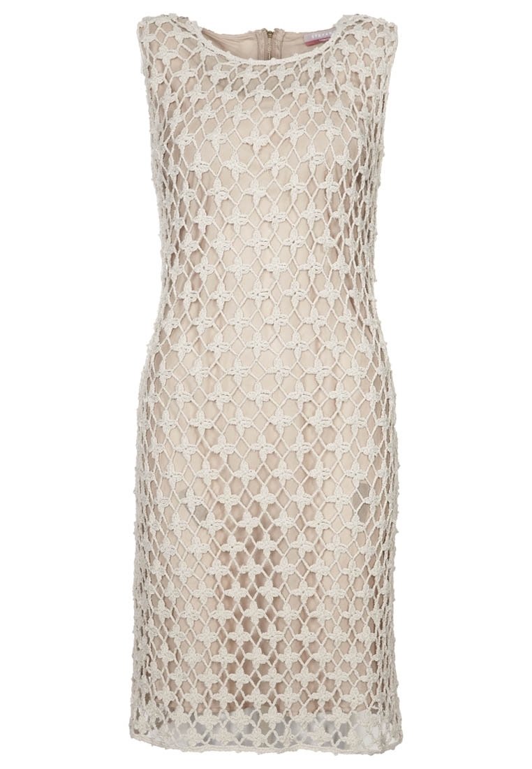 Robes sans manches dotées d'un design en treillis avec une doublure nude, un revêtement en dentelle crème texturée et une silhouette droite avec une fermeture éclair cachée à l'arrière.