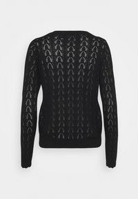 Czarny dzianinowy kardigan z ażurowym wzorem, długimi rękawami i prążkowanym wykończeniem. Posiada klasyczny okrągły dekolt i lekką fakturę.