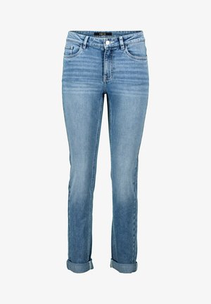 Hellblaue Jeans aus Denim mit geradem Bein, klassischem Fünf-Taschen-Design und umgeschlagenen Bündchen. Glatte Textur mit subtilen Farbverläufen.