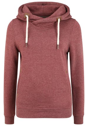Rød hettegenser laget av mykt materiale med strukturert finish, med en frontlomme og kremfargede snorer med metalltips.