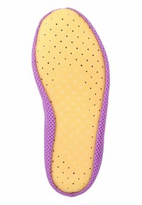 Paarse schoeninlegzool met een gestructureerde mesh rand. Zachte gele padding heeft talrijke kleine gaatjes voor ademend vermogen en vochtbeheersing.