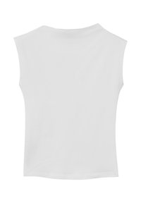 Top aderente bianco senza maniche con scollo rotondo e texture liscia, caratterizzato da un design semplice e senza motivi o accenti visibili.