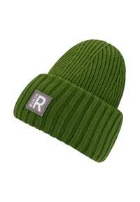 Green ribbed knit beanie with a folded cuff and a gray patch labeled "#1839 R" sewn on the cuff.