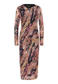 Langärmliges, tailliertes Kleid mit abstraktem Pinselstrichmuster in Brauntönen, Rosa, Schwarz und Beige, runder Ausschnitt.