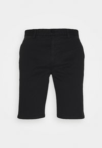 Pantaloni corti neri in cotone a taglio dritto, con chiusura a bottone, passanti per la cintura e tasche laterali. Texture liscia, senza motivi visibili.