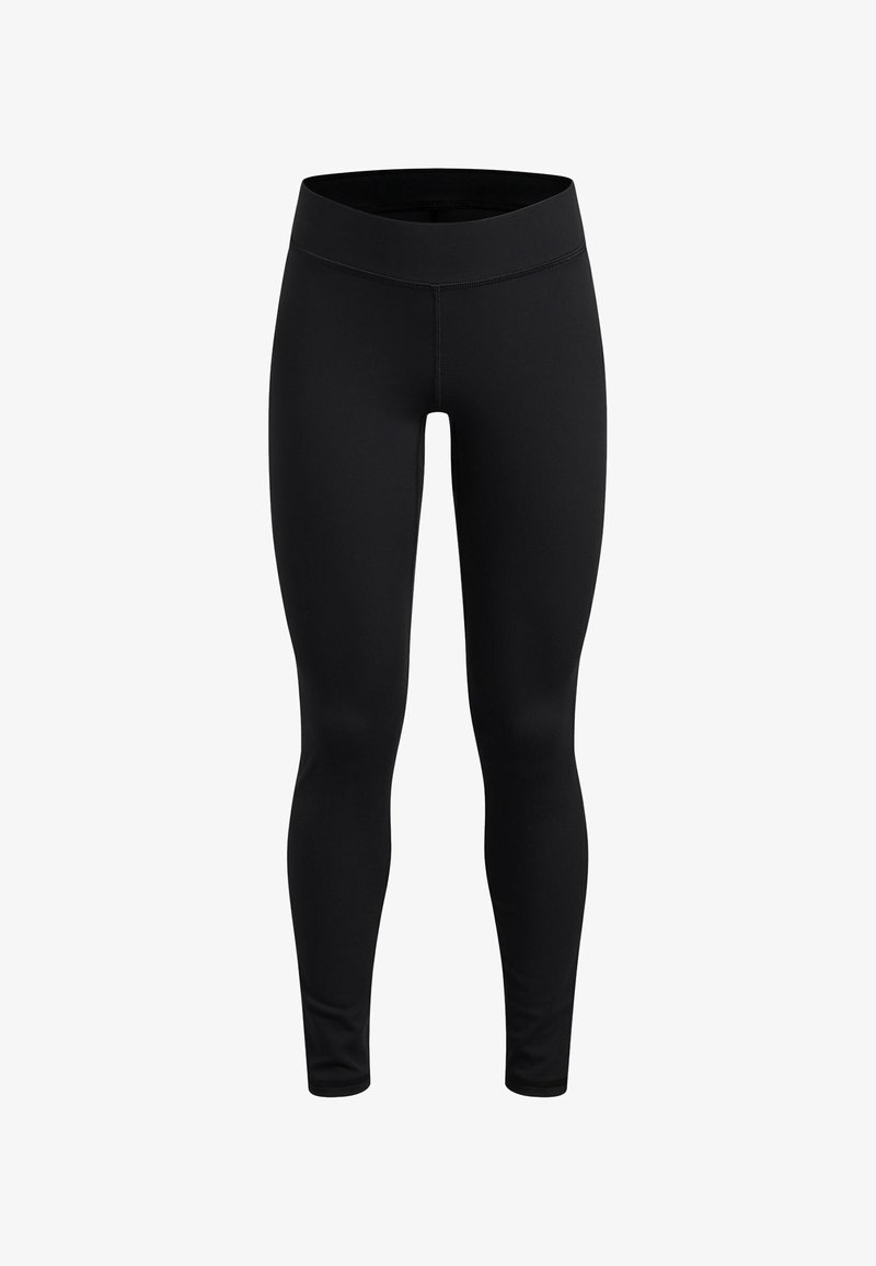 Leggings noirs en tissu extensible, dotés d'une taille haute et d'une texture lisse et élégante sans coutures ni poches visibles.