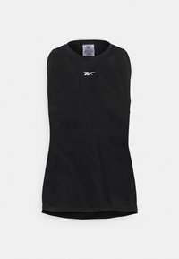 Svart ärmlös atletisk tanktop tillverkad av texturerat tyg. Har en rund halsringning och en liten vit logotyp på bröstet.