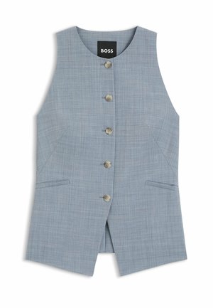 Gilet cintré sans manches bleu clair avec cinq boutons beige sur le devant, deux poches inclinées et un col rond.