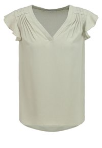 Lysegrøn bluse med V-udskæring, korte bølgende ærmer og plissering ved skuldrene. Glat tekstur, let buet kant.