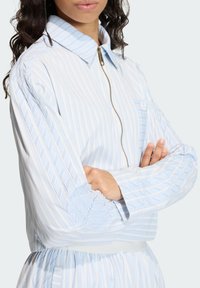 Svetlomodrá a bielo pruhovaná bunda so zipsom vpredu, stojatým golierom a elastickými manžetami. Má malú kapsu na ľavej strane hrudníka.