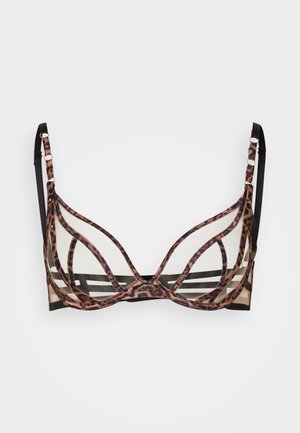 Leopardikujuline bralette läbipaistvate võrkkangaste paneelidega, mustade rihmade ja kuldsete detailide aktsentidega, millel on kumer kuju ja kihiline disain.