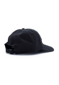 Casquette de baseball noire en coton, avec une visière incurvée, une sangle réglable à l'arrière et des trous de ventilation sur les côtés.