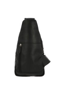 Schwarze Leder-Schultertasche mit glatter Oberfläche, schlanker Form, Reißverschlussfächern und verstellbarem Riemen für vielseitige Nutzung.