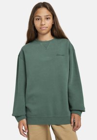 Grön sweatshirt i bomull med rund hals och sänkta axlar. Inkluderar en liten logotyp på bröstet samt ribbade ärmavslut och nederkant.