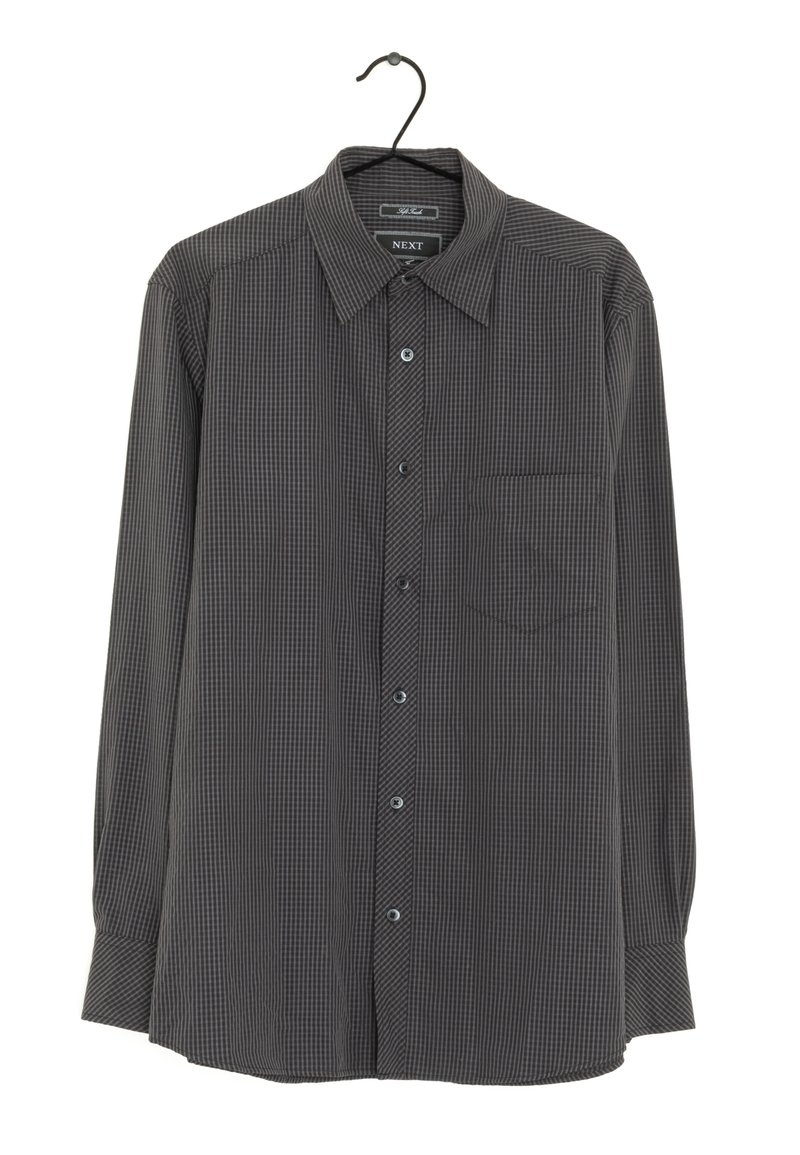 Black and gray checked long-sleeve shirt with a classic collar, front pocket, and button closure. Made of soft fabric, features a smooth texture.
