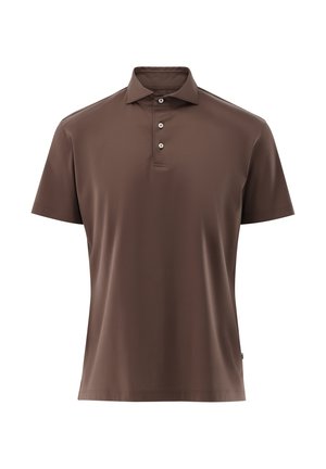 Braunes kurzärmeliges Poloshirt aus glattem Stoff, mit einem Kragen und einer dreiknöpfigen Knopfleiste. Klassische Passform mit schlichtem Design.