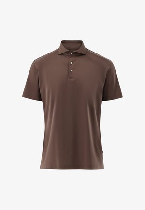 Braunes kurzärmeliges Poloshirt aus glattem Stoff, mit einem Kragen und einer dreiknöpfigen Knopfleiste. Klassische Passform mit schlichtem Design.