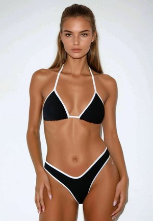 Black bikini set featuring a triangular top with white trim and matching high-waisted bottoms. Smooth texture with minimal design details.