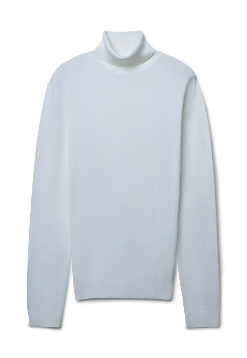 Maglione dolcevita azzurro chiaro con maniche lunghe, realizzato in un tessuto morbido. Presenta un colletto aderente e polsini in costina sui polsi e sull'orlo.